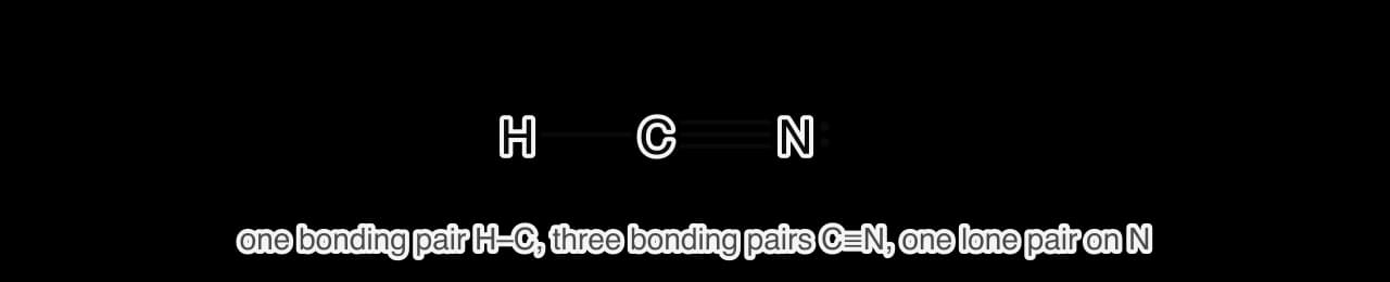 Lewis formula of hydrogen cyanide: H single-bonded to C, C triple-bonded to N, and one lone pair of electrons on the nitrogen atom.