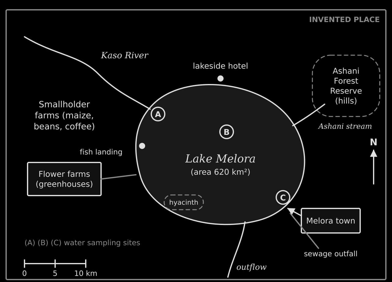 Sketch map of the invented Lake Melora (620 km²). The Kaso River enters in the north-west through smallholder farms; flower farms on the west shore; Ashani Forest Reserve and stream to the east; Melora town and sewage outfall in the south-east; sites A, B, C.