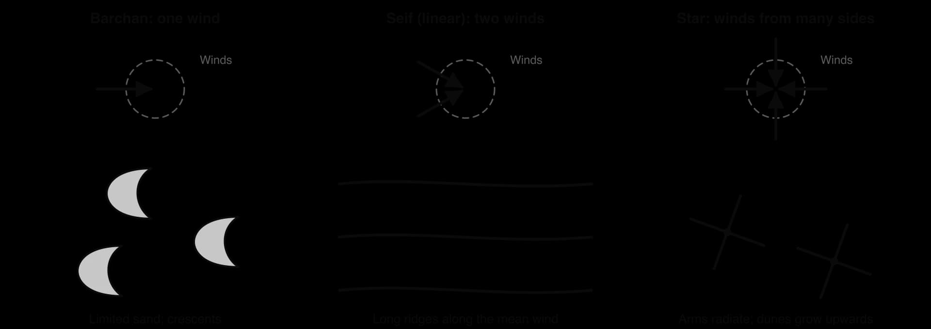 Three plan views linking dune type to wind regime: barchans (crescents) form under one wind direction with limited sand; seif (linear) dunes form long ridges along the mean of two wind directions; star dunes with radiating arms form where winds blow from many sides.