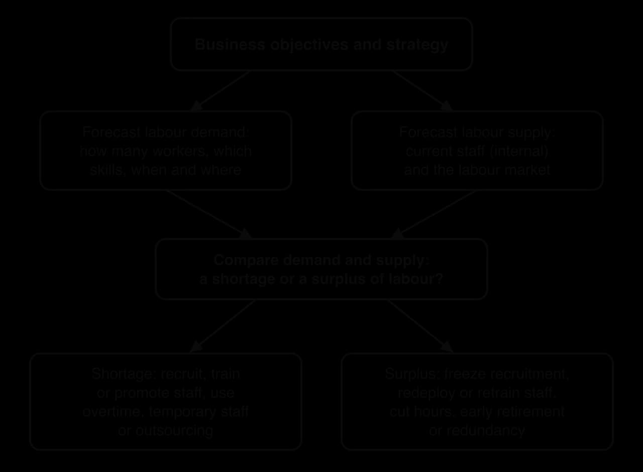 Flow chart: business objectives and strategy lead to a forecast of labour demand (numbers, skills, when, where) and of labour supply (current staff and labour market); comparing them shows a shortage or surplus, each with possible actions.