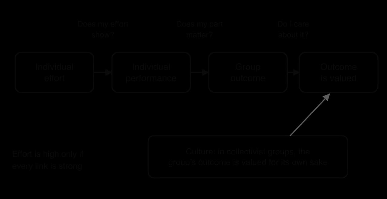Flow diagram of the collective effort model: individual effort leads to individual performance, group outcome and a valued outcome, with questions on each link; a box notes that in collectivist groups the group's outcome is valued for its own sake.