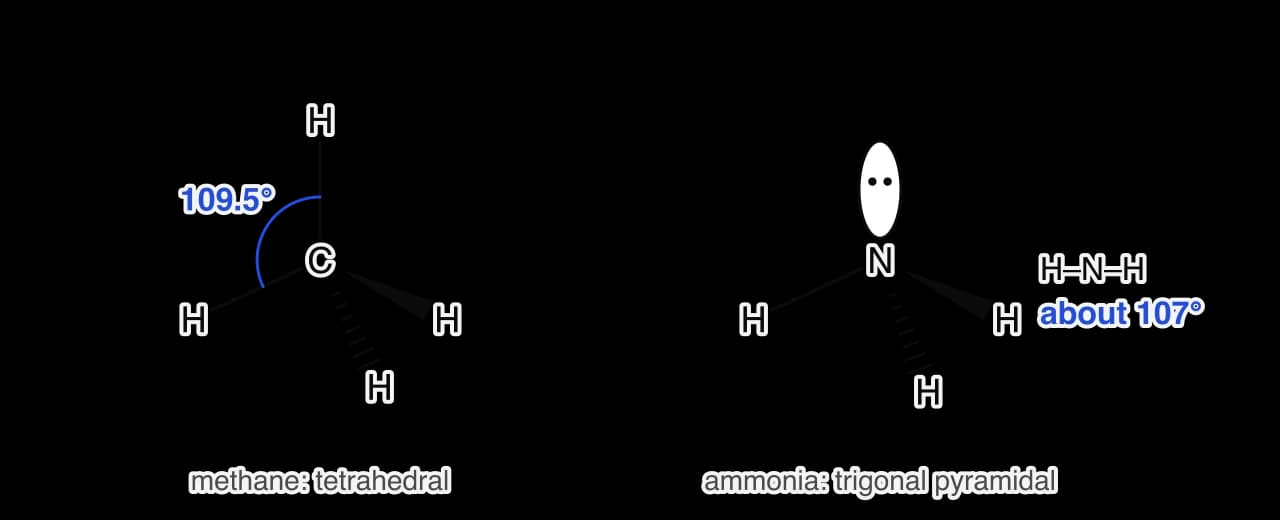 Three-dimensional drawings. Methane: tetrahedral, two bonds in the plane, one wedge and one hashed bond, angle 109.5°. Ammonia: trigonal pyramidal with a lone-pair lobe on nitrogen, one wedge and one hashed bond, H–N–H about 107°.