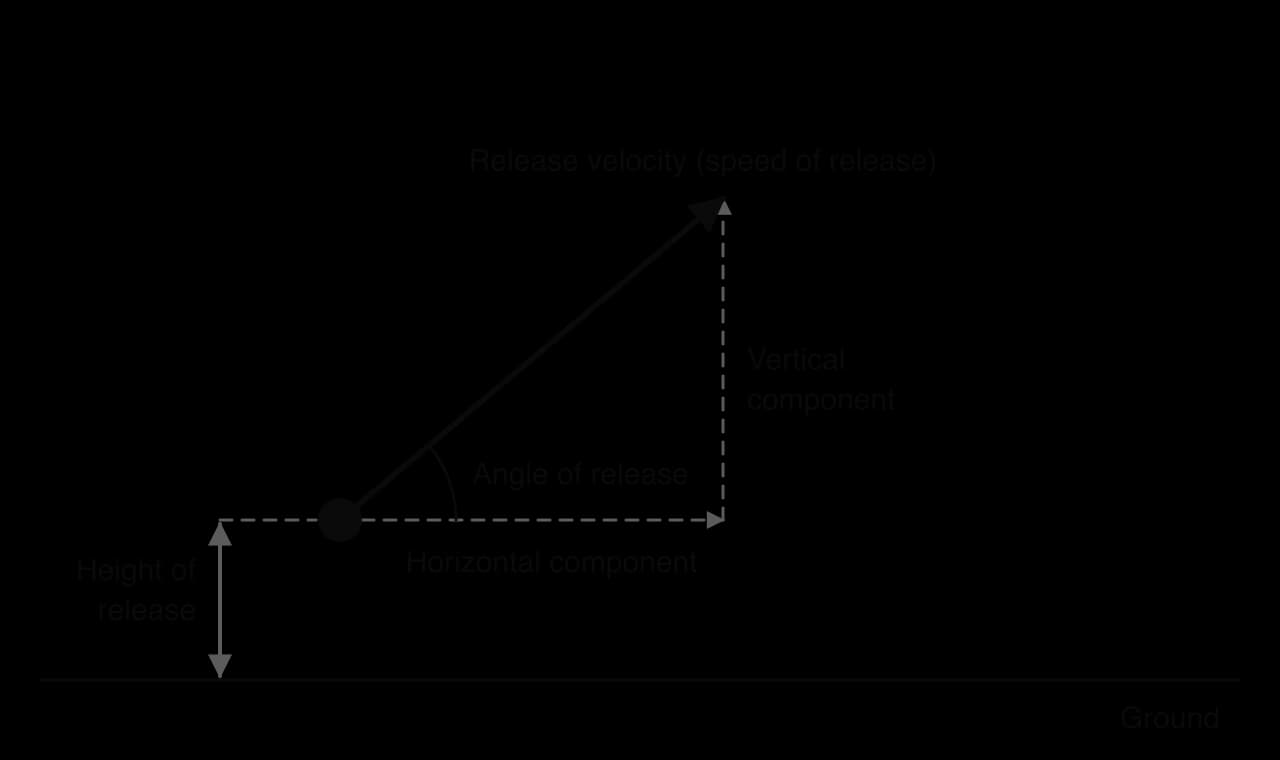 A projectile at its release point above the ground. A bold arrow at the angle of release shows the release velocity; dashed arrows split it into a horizontal and a vertical component. The height of release is measured from the ground.