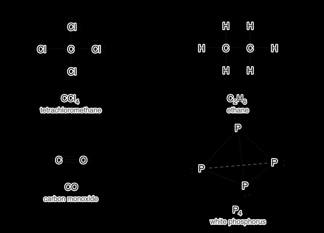 Lewis formulas of CCl4 (four C–Cl bonds, three lone pairs on each Cl), ethane (C–C bond, six C–H bonds, no lone pairs), carbon monoxide (C≡O with one lone pair on C and one on O) and P4 (four P atoms at the corners of a tetrahedron, six P–P bonds, one lone pair on each P; the back bond dashed).