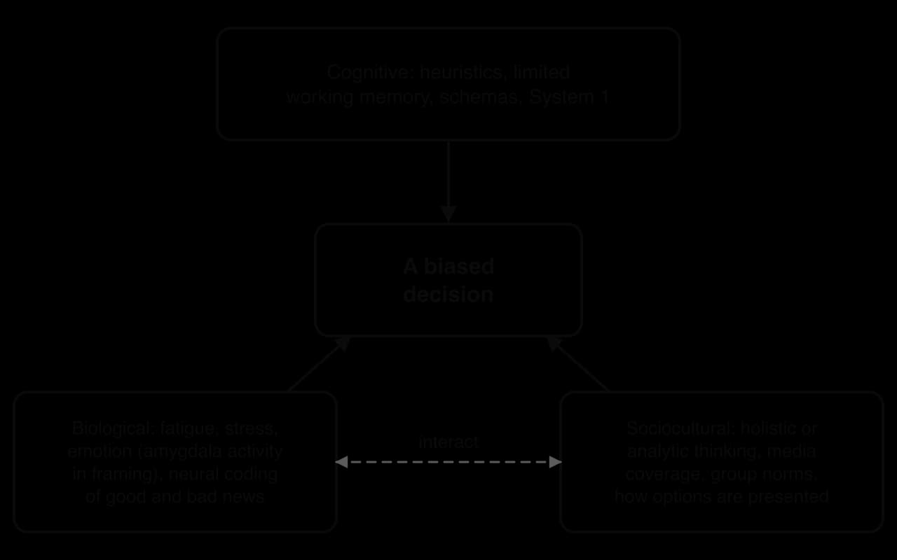 Diagram: cognitive factors (heuristics, limited working memory, schemas, System 1), biological factors (fatigue, stress, emotion, neural coding of news) and sociocultural factors (holistic or analytic thinking, media coverage, norms, presentation) all lead to a biased decision and interact.