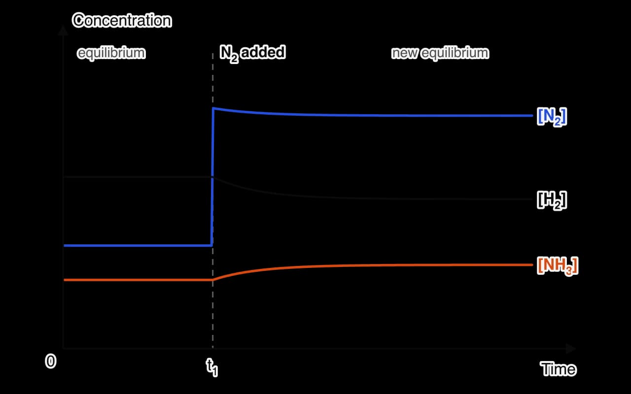 Concentration–time sketch for N2 + 3H2 ⇌ 2NH3. Before t1 all three concentrations are constant. At t1 nitrogen is added: [N2] jumps up and then falls part of the way back; [H2] falls and [NH3] rises, until all three level off at a new equilibrium.