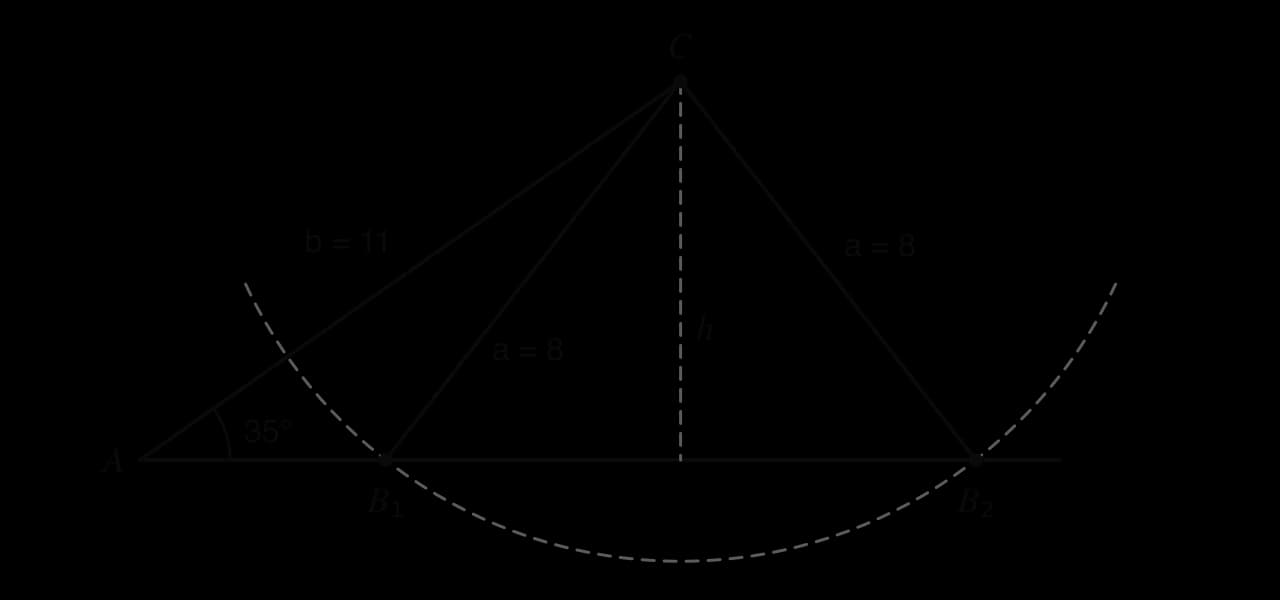 Triangle with angle A = 35° and side b = AC = 11. A dashed arc of radius a = 8 centred at C cuts the base line from A at two points, B₁ and B₂, giving two triangles AB₁C and AB₂C. A dashed perpendicular h from C to the base.