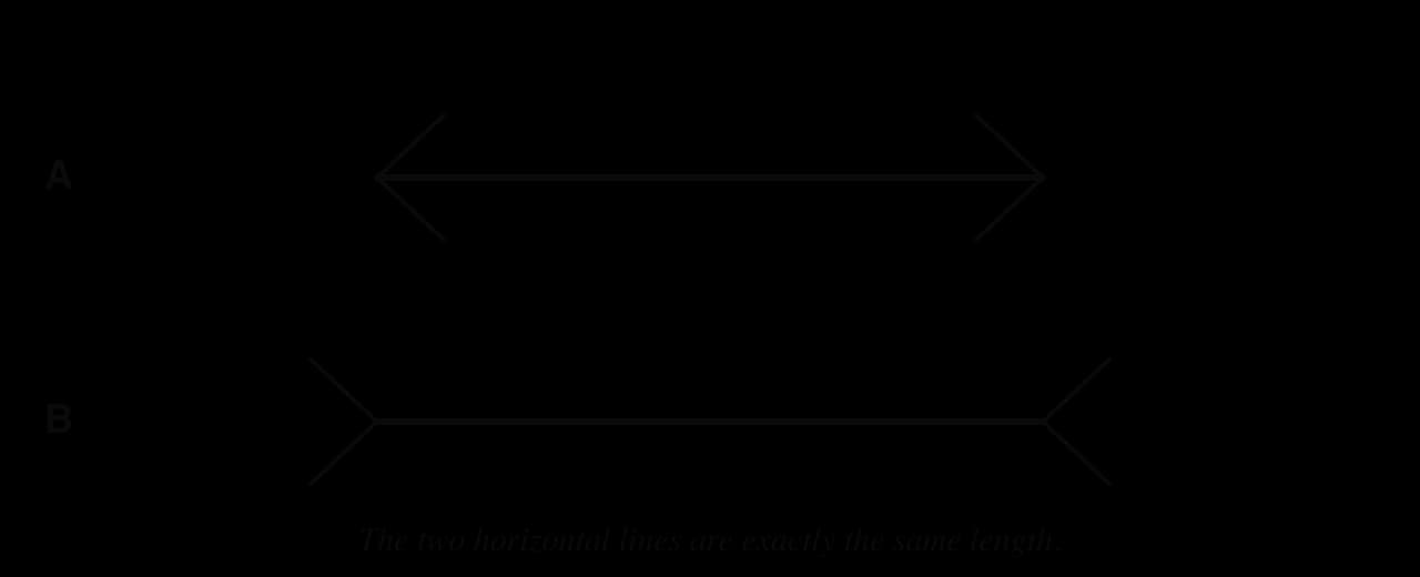 The Müller-Lyer illusion: two horizontal lines of equal length. Line A ends in arrowheads, with the fins at each end angled back over the line; line B ends in fins angled away from the line, like tails. B usually looks longer.