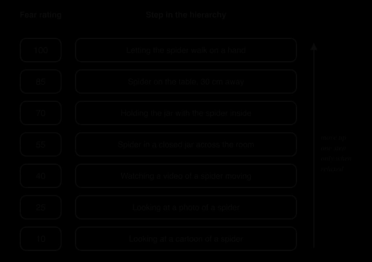 Illustrative fear hierarchy for a spider phobia with fear ratings: cartoon of a spider 10, photo 25, video 40, spider in a jar across the room 55, holding the jar 70, spider on the table 85, spider walking on a hand 100; move up one step only when relaxed.