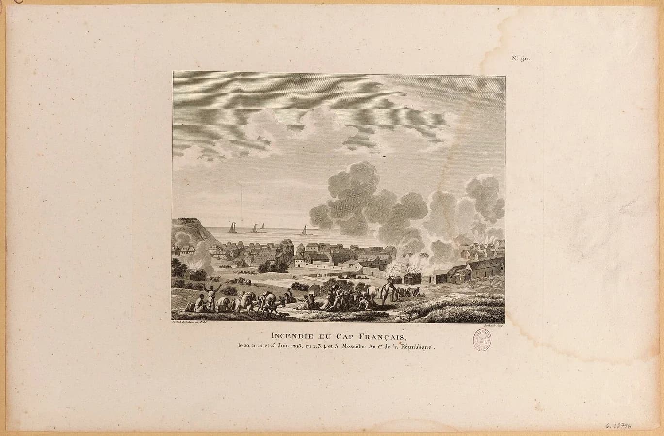 Engraving of a colonial town by the sea with smoke and flames rising from its buildings. In the foreground, people carrying bundles and leading pack animals leave the town across open ground.