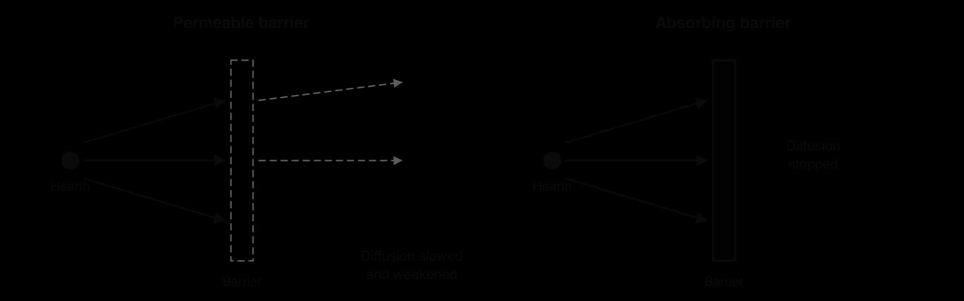 Two panels: a permeable barrier lets dashed, weaker diffusion arrows pass through; an absorbing barrier stops every arrow from the hearth.