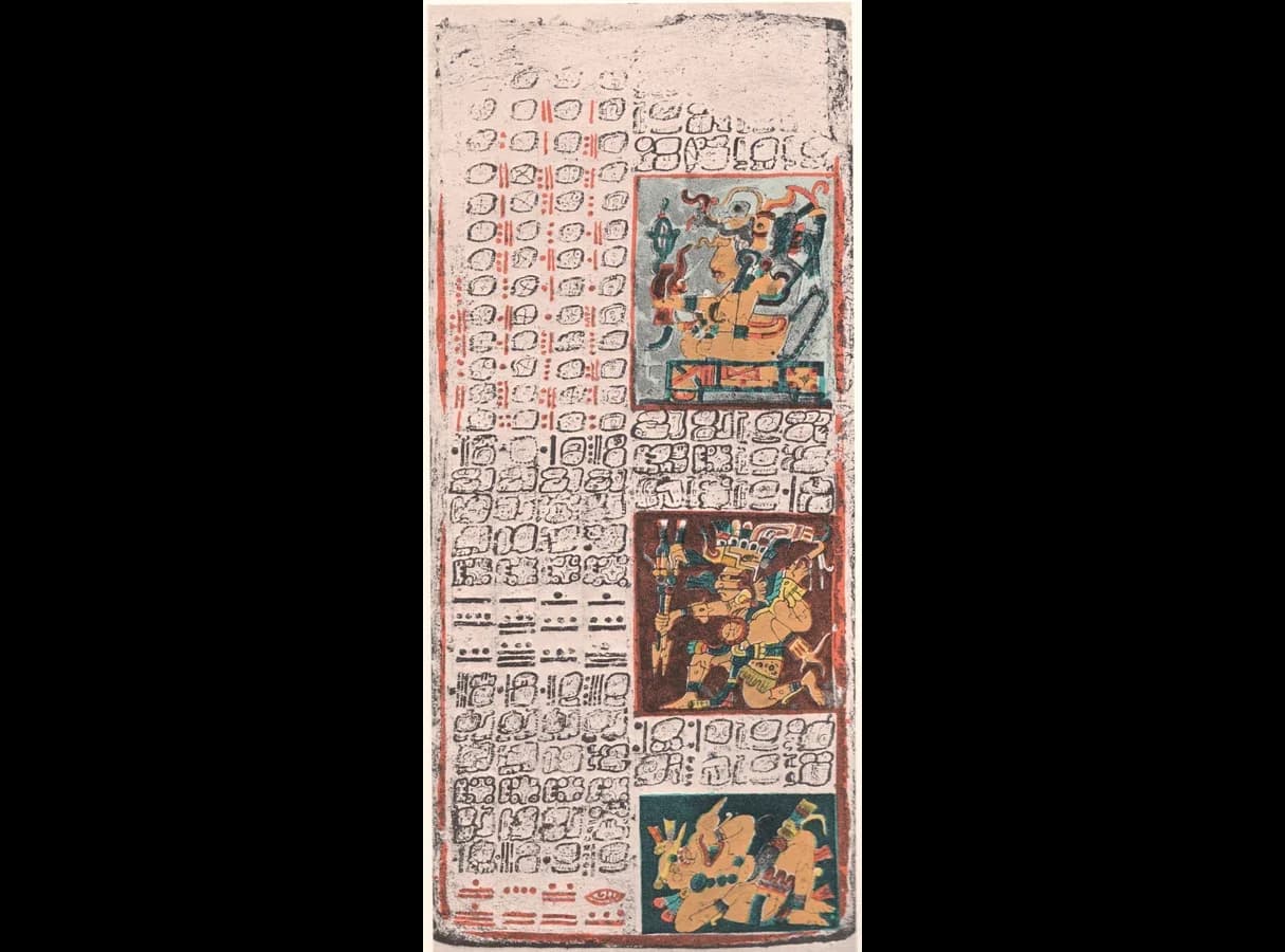 A tall page of a Maya painted book: columns of red and black glyphs and bar-and-dot numbers on the left, and three painted panels on the right showing a seated god, an armed god hurling spears, and a fallen victim.