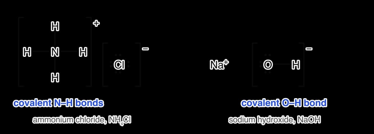 Lewis formulas. Ammonium chloride: an ammonium ion with four N–H covalent bonds in square brackets with + charge, next to a chloride ion with four lone pairs in brackets with − charge.