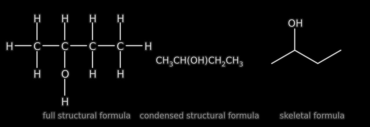 Butan-2-ol drawn three ways: a full structural formula showing every atom and bond, the condensed formula CH3CH(OH)CH2CH3, and a skeletal zig-zag of four carbons with OH on the second carbon.