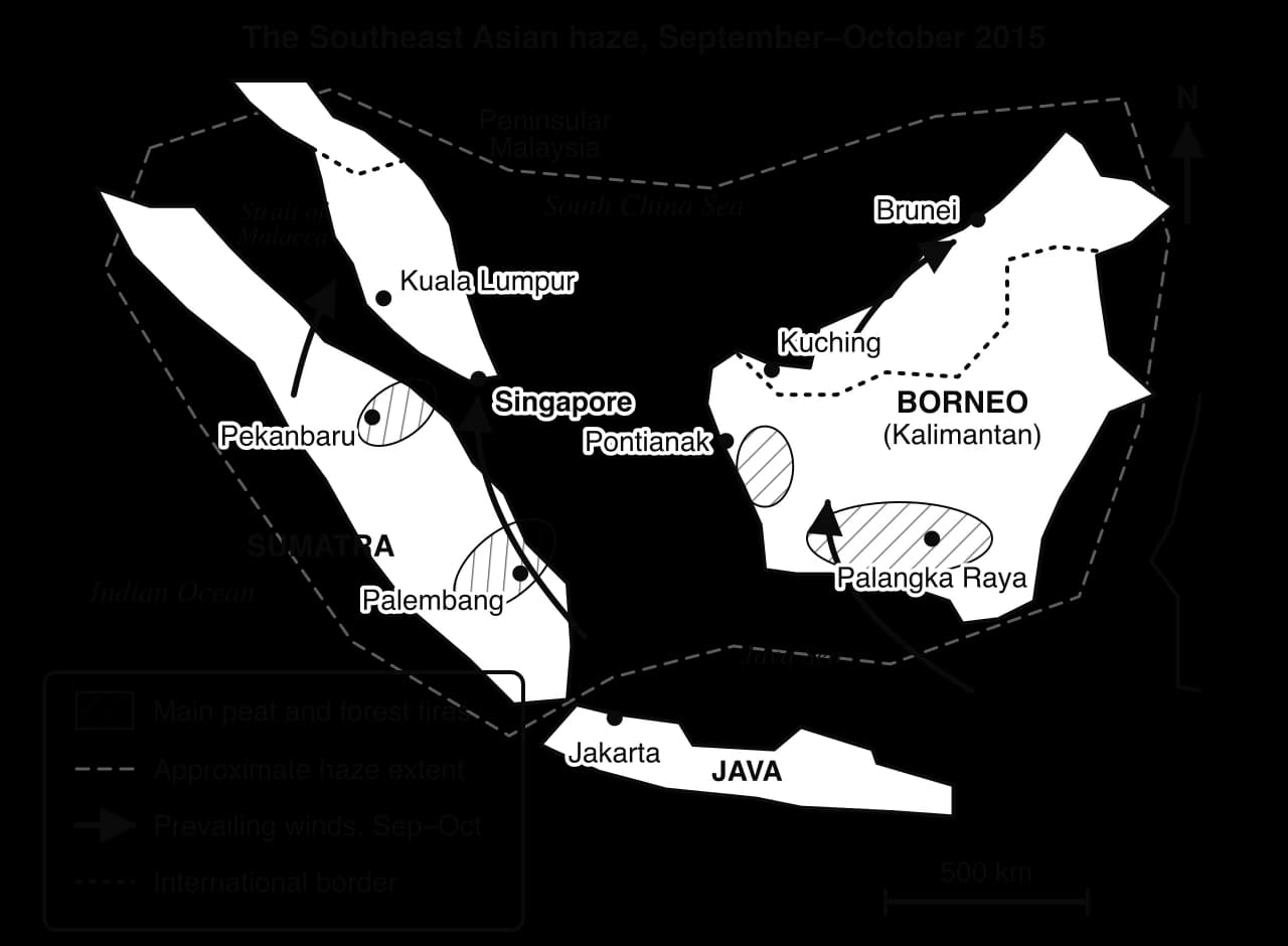 Sketch map of the 2015 Southeast Asian haze: hatched fire areas in Riau and South Sumatra and in West and Central Kalimantan; arrows show winds carrying smoke north to Singapore, Kuala Lumpur and Brunei; a dashed line encloses the haze; scale bar 500 km.