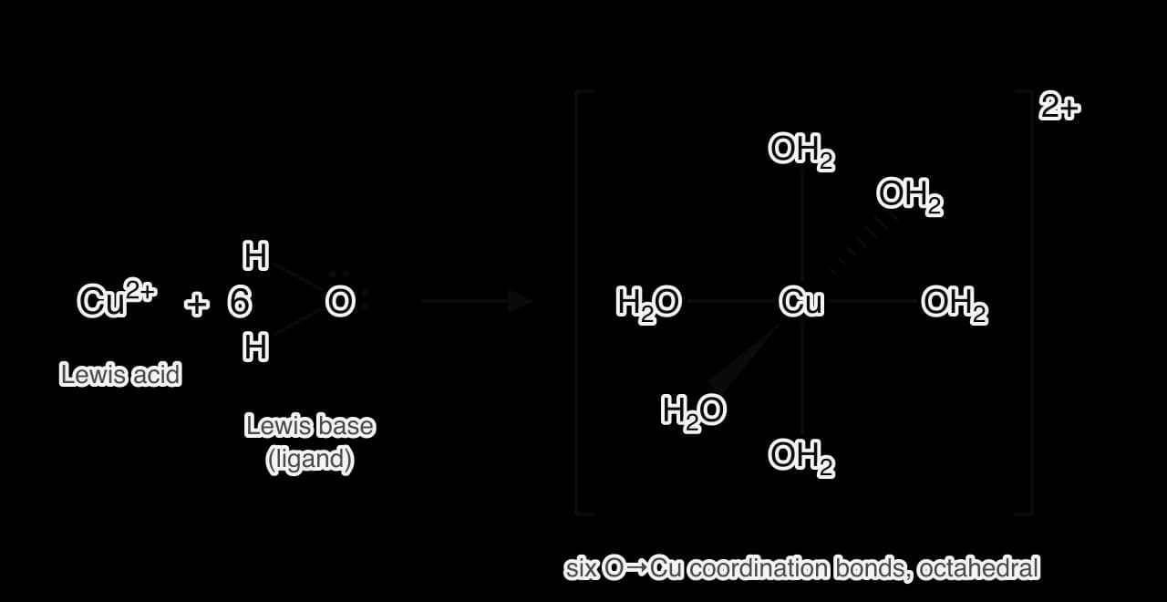 A copper(II) ion plus six water molecules, each with two lone pairs on O, forms the octahedral hexaaquacopper(II) ion [Cu(H2O)6]2+ in square brackets with a 2+ charge. Each water bonds to Cu through its oxygen atom: four in the plane drawn, one on a wedge and one hashed.