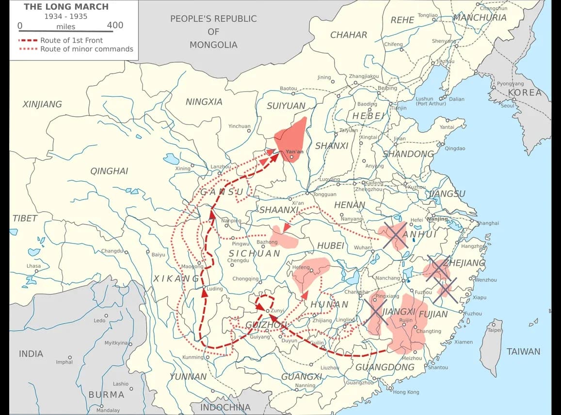 Map of China showing the routes of the Long March. The main route of Mao’s First Front Army runs west from Jiangxi through Guizhou, past Zunyi, through Yunnan and western Sichuan, then north to Yan’an in Shaanxi; dotted lines show the routes of other Red Army groups. Communist base areas are…