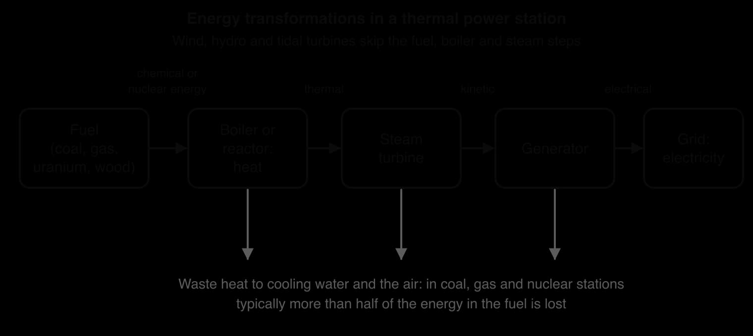 Flow diagram: fuel (coal, gas, uranium, wood) releases chemical or nuclear energy as heat in a boiler or reactor, steam drives a turbine (kinetic), a generator produces electricity for the grid; grey arrows show waste heat lost at each step, typically more than half.