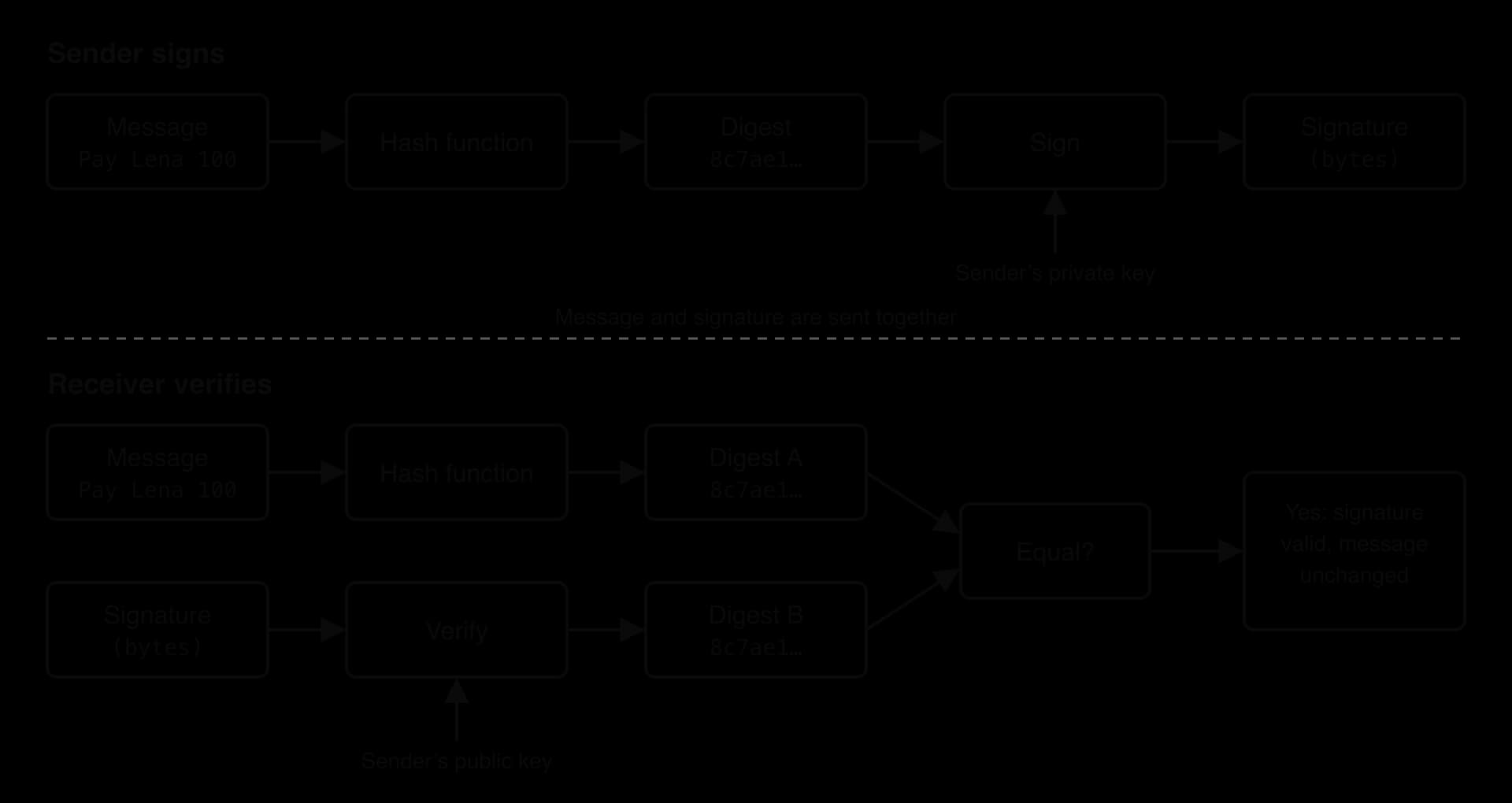 Sender hashes the message Pay Lena 100 to a digest and signs it with the sender's private key to make a signature. Receiver hashes the message to digest A, verifies the signature with the sender's public key to get digest B, and compares: equal means valid and unchanged.