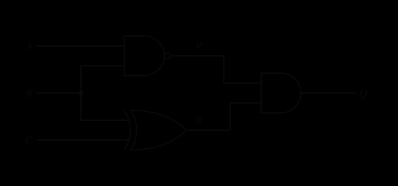Logic circuit with inputs A, B and C. A NAND gate takes A and B and gives P. An XOR gate takes B and C and gives R. An AND gate takes P and R and gives the output Q.