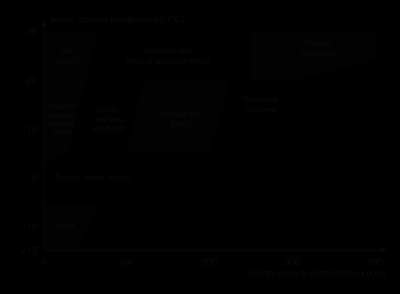 Simplified Whittaker diagram: mean annual precipitation (0–400 cm) against mean annual temperature (−15 to 30 °C). Tundra cold and dry; boreal forest cool; deserts dry; temperate forests mid; savanna warm and moderate; tropical rainforest hot and very wet.