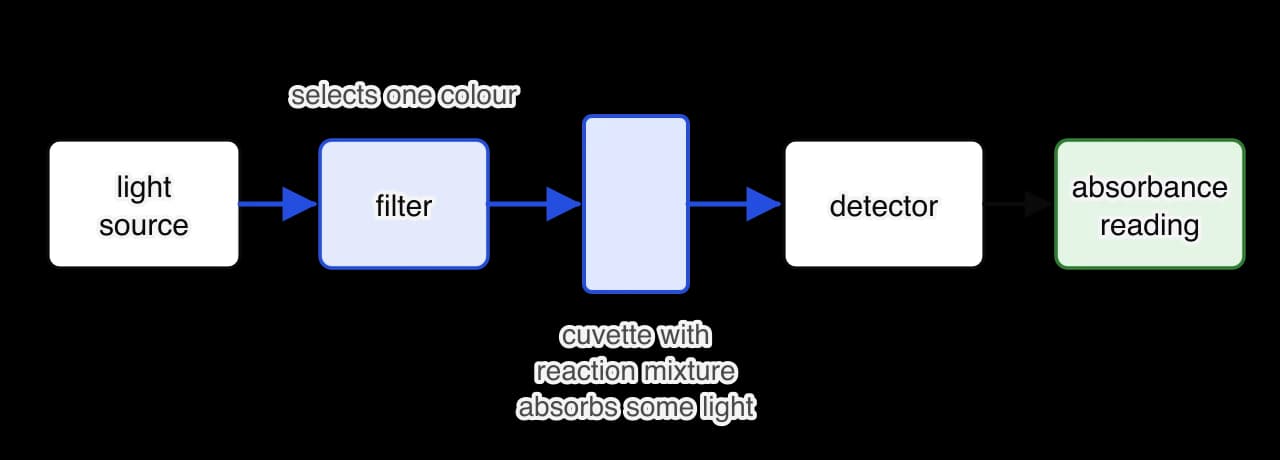 Block diagram of a colorimeter. Light from a source passes through a coloured filter that selects one wavelength, then through a cuvette containing the reaction mixture, where some light is absorbed, and reaches a detector that gives an absorbance reading.