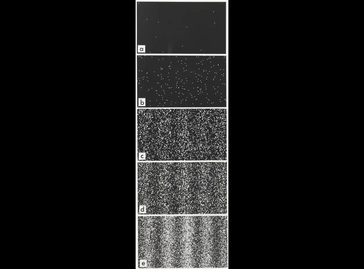 Five panels from an electron interference experiment. With 11 and 200 electrons the dots on the detector look scattered at random; with 6000 a pattern starts to appear; with 40 000 and 140 000 electrons clear bright and dark vertical fringes are visible.