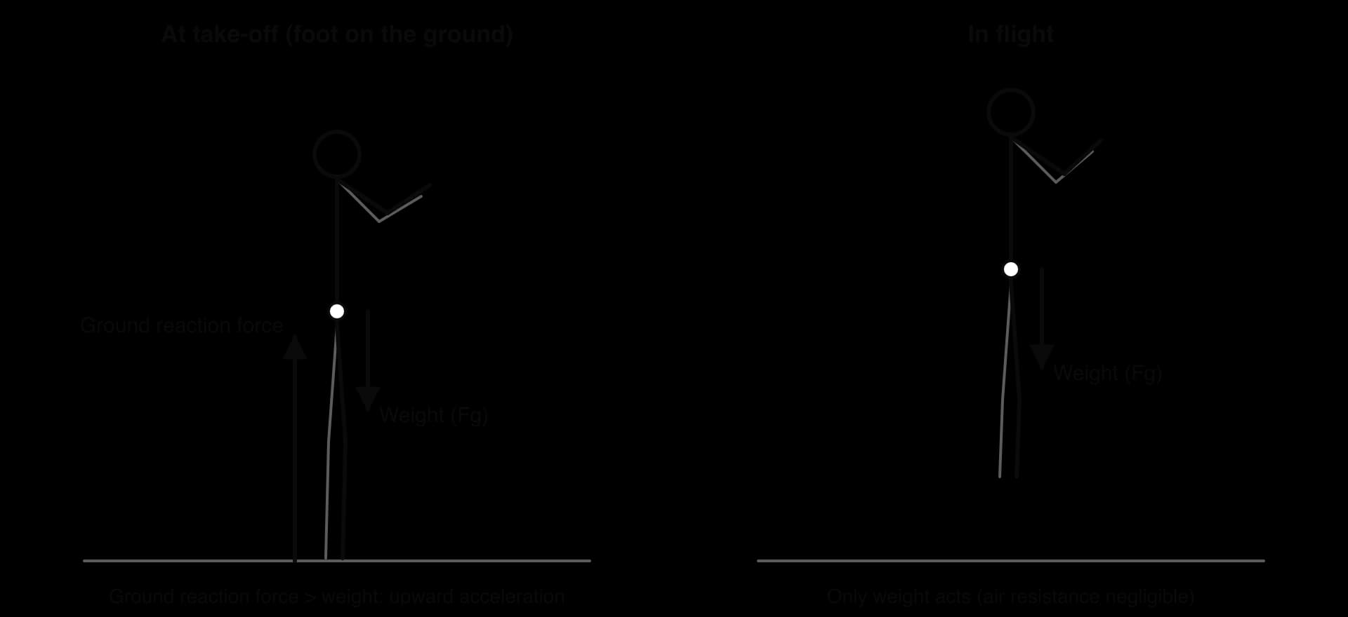 Two free-body diagrams of a vertical jump. At take-off, weight acts down from the centre of mass and a longer ground reaction force arrow acts up from the feet. In flight, only weight acts.