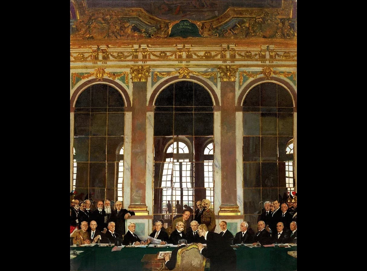 Painting of the Hall of Mirrors at Versailles. Allied leaders sit in a row behind a long table under tall mirrors and arches; two German delegates, seen from behind, lean over the table in the foreground to sign the treaty.