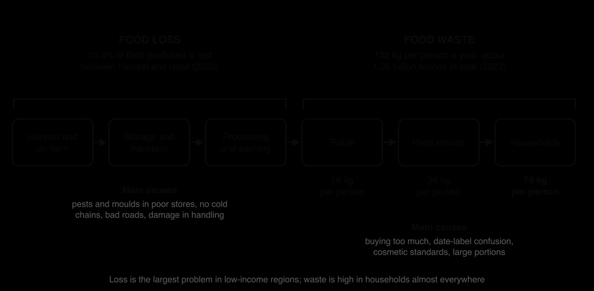 Food supply chain in six stages. Food loss, 13.3% of food in 2023, occurs on farm, in storage and transport and in processing. Food waste, 132 kg per person in 2022, occurs in retail (16 kg), food service (36 kg) and households (79 kg).