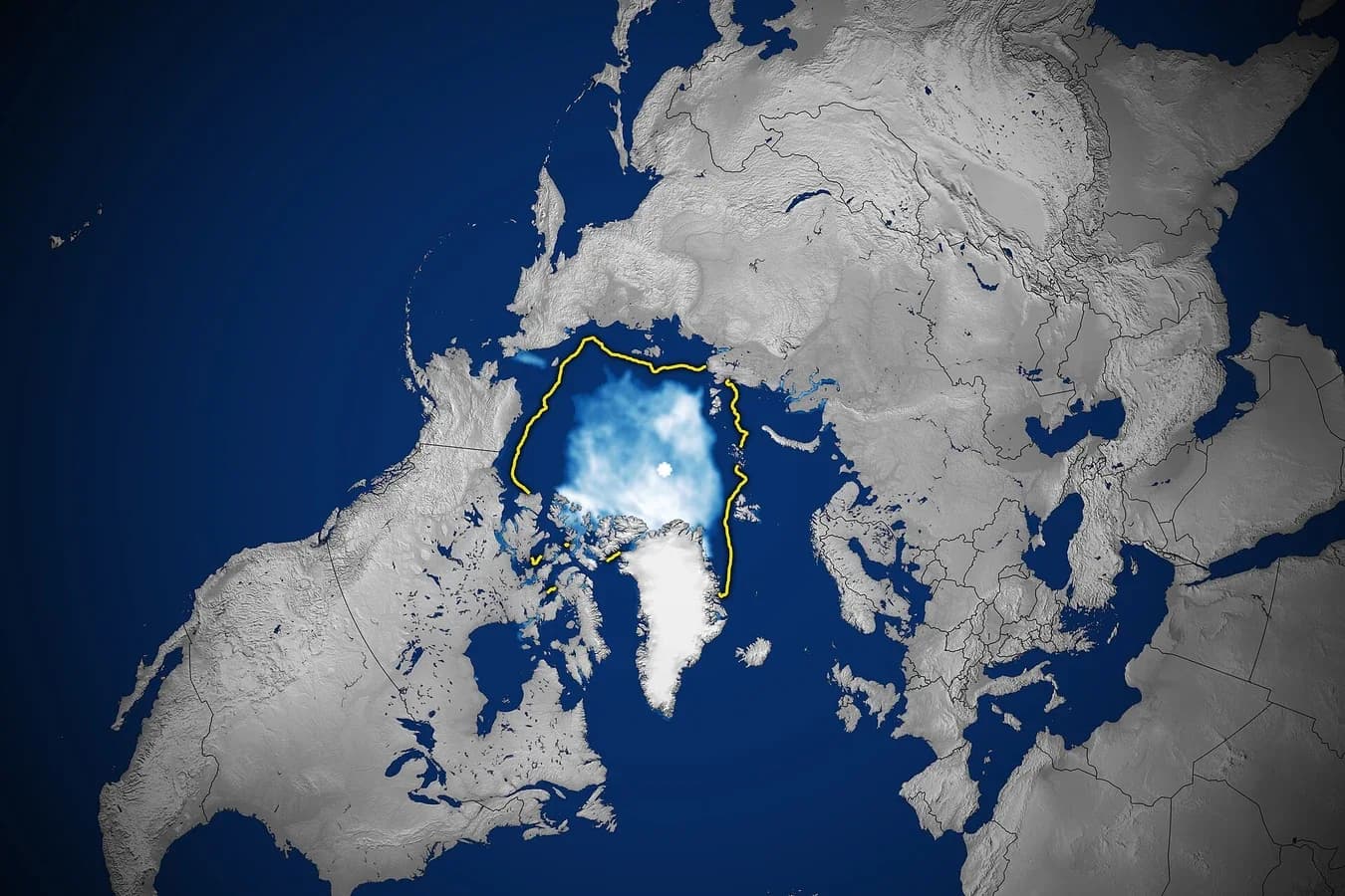 Satellite map centred on the North Pole on 11 September 2024. White and pale blue sea ice covers the central Arctic Ocean, surrounded by dark blue open water and grey land; a yellow outline marks the larger average minimum extent for 1981–2010.