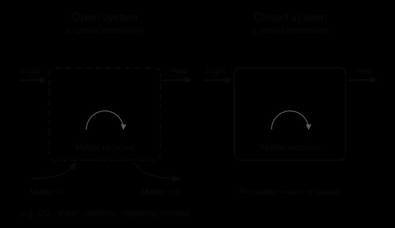 Two boxes, each with light in, heat out and matter recycled inside. Open system (a natural ecosystem) also has matter in and matter out, such as CO2, water, nutrients and migrating animals. Closed system (a sealed mesocosm): no matter enters or leaves.