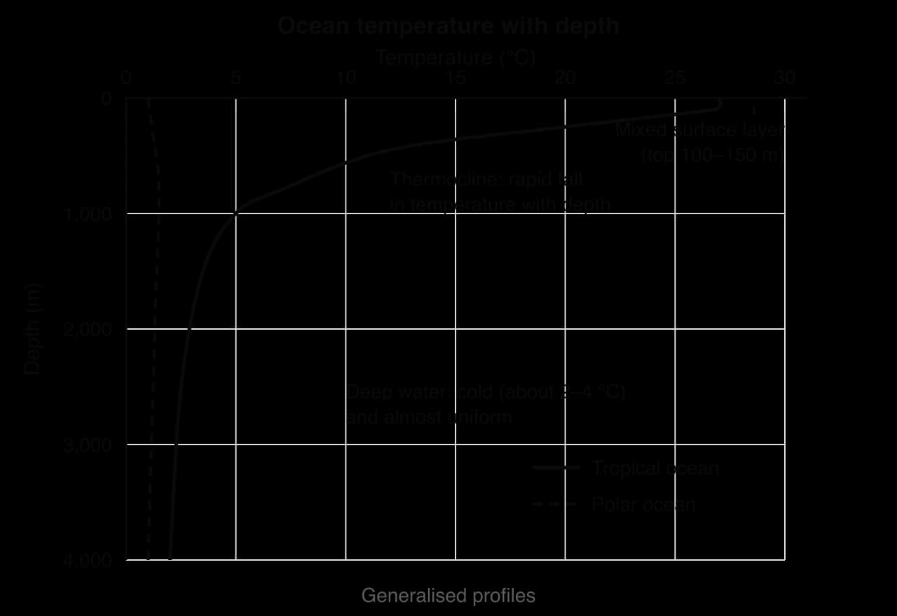 Graph of temperature (0–30 °C, top axis) against depth (0–4,000 m). Tropical profile: about 27 °C in a mixed surface layer, falling rapidly through a shaded thermocline to about 5 °C at 1,000 m, then 2–4 °C. Polar profile: about 1 °C at all depths.
