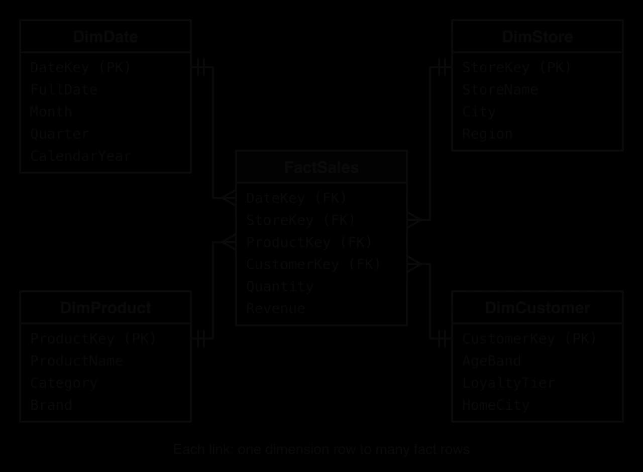 FactSales in the centre with DateKey, StoreKey, ProductKey and CustomerKey (foreign keys), Quantity and Revenue. DimDate, DimStore, DimProduct and DimCustomer around it, each with a primary key and attributes, linked one to many to the facts.