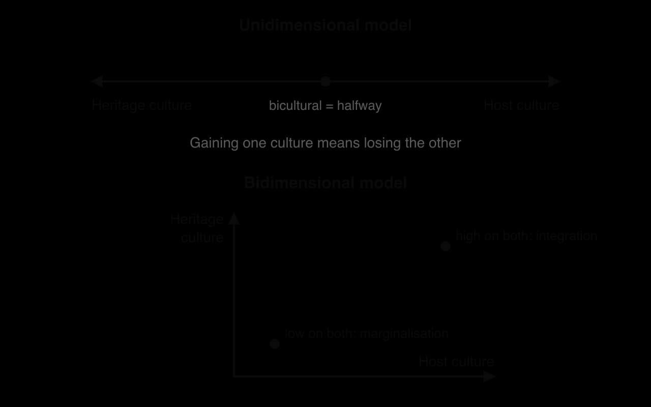 Top: a single line from heritage culture to host culture, with bicultural shown as halfway. Bottom: two separate axes, heritage culture and host culture, with integration high on both and marginalisation low on both.
