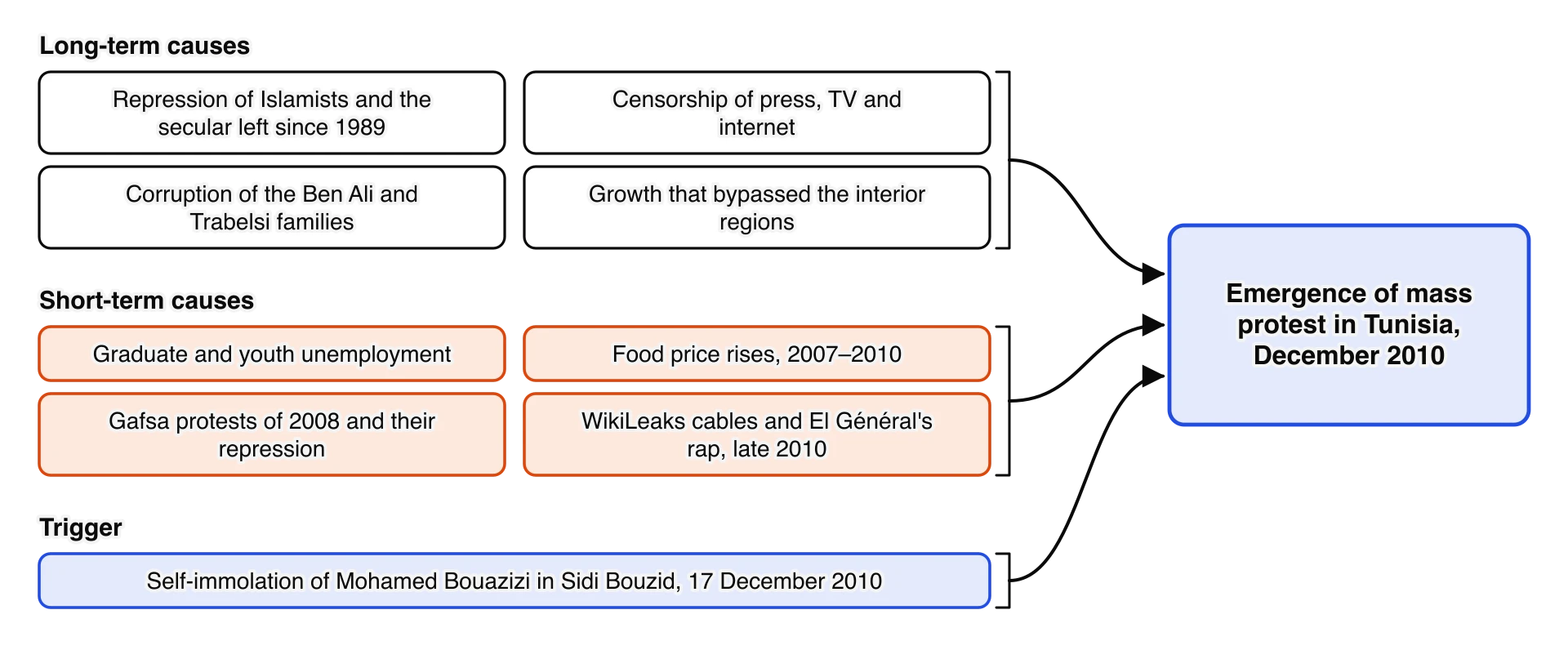 Causes of mass protest in Tunisia in December 2010 in three groups. Long-term: repression since 1989, censorship, corruption of the ruling families, growth that bypassed the interior.
