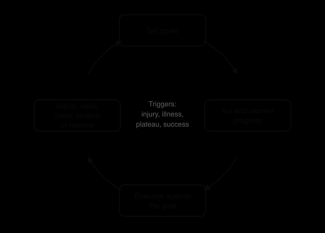 Goal adjustment cycle: set goals, act and monitor progress, evaluate against the goal, adjust (raise, lower, re-time or replace), then set goals again. Triggers in the centre: injury, illness, plateau, success.