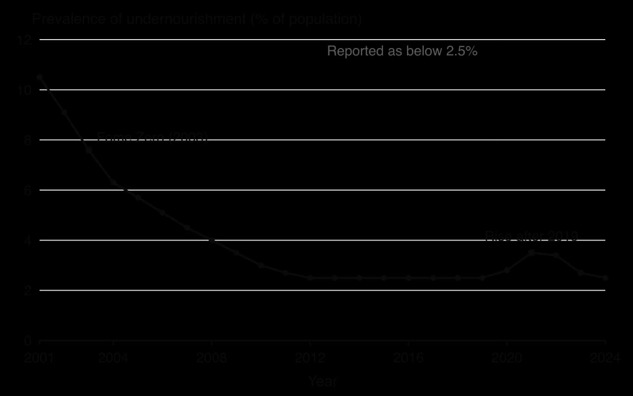 Line graph of undernourishment in Brazil, 2001–2024: 10.5% in 2001, falling to below 2.5% from 2012 to 2019, rising to 3.5% in 2021 and falling back to below 2.5% by 2024.
