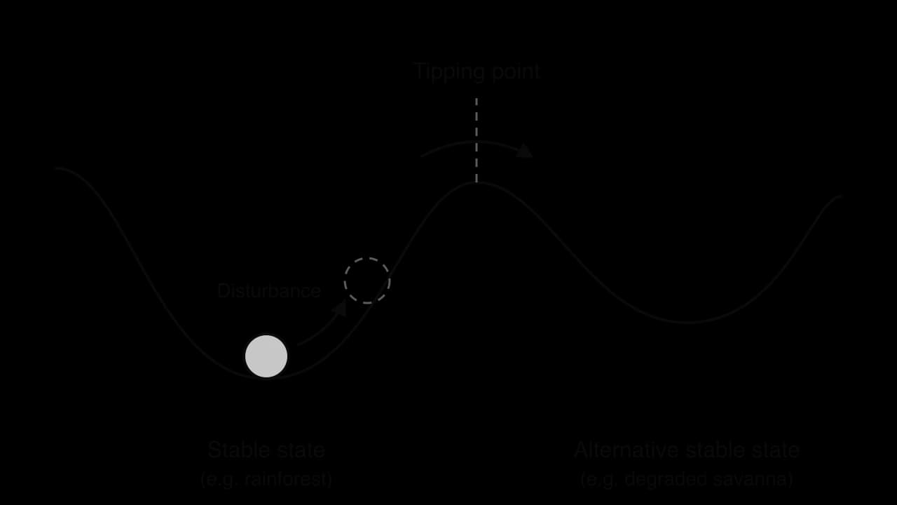 Landscape with two valleys and a ridge. A ball in the left valley (stable state, e.g. rainforest) is pushed up the slope by a disturbance. The ridge top is the tipping point; an arrow crosses it into the right valley (alternative stable state, e.g. degraded savanna).