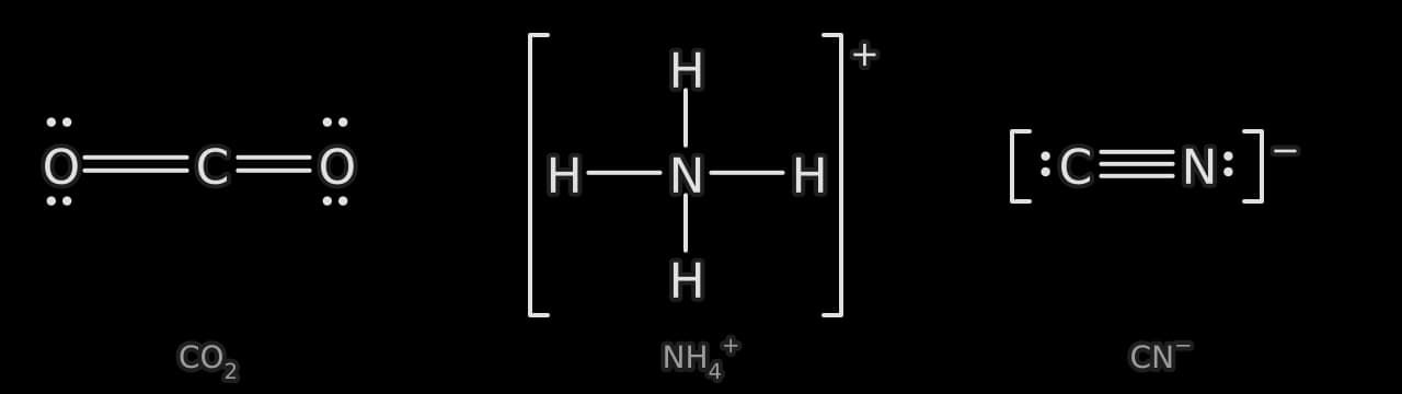 Lewis formulas. Carbon dioxide: O=C=O with two lone pairs on each oxygen. Ammonium ion: N bonded to four H atoms, in square brackets with a + charge. Cyanide ion: C triple-bonded to N with one lone pair on each atom, in square brackets with a − charge.