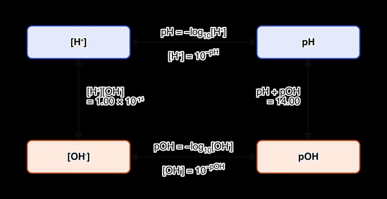 Four boxes: [H+] and pH at the top, [OH−] and pOH at the bottom, joined by two-way arrows. [H+] to pH by pH = −log[H+]; [OH−] to pOH by pOH = −log[OH−]; [H+] to [OH−] by [H+][OH−] = 1.00 × 10⁻¹⁴; pH to pOH by pH + pOH = 14.00.