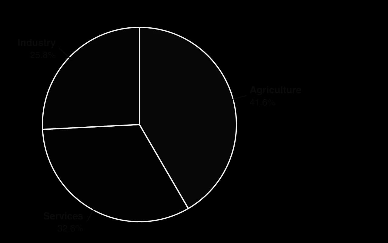 Pie chart of employment in India by sector in 2025: agriculture 41.6%, services 32.6%, industry 25.8%.