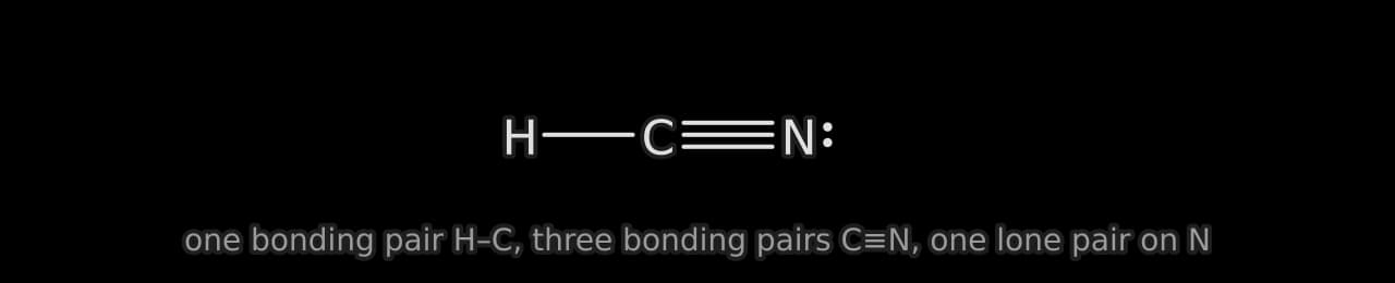 Lewis formula of hydrogen cyanide: H single-bonded to C, C triple-bonded to N, and one lone pair of electrons on the nitrogen atom.