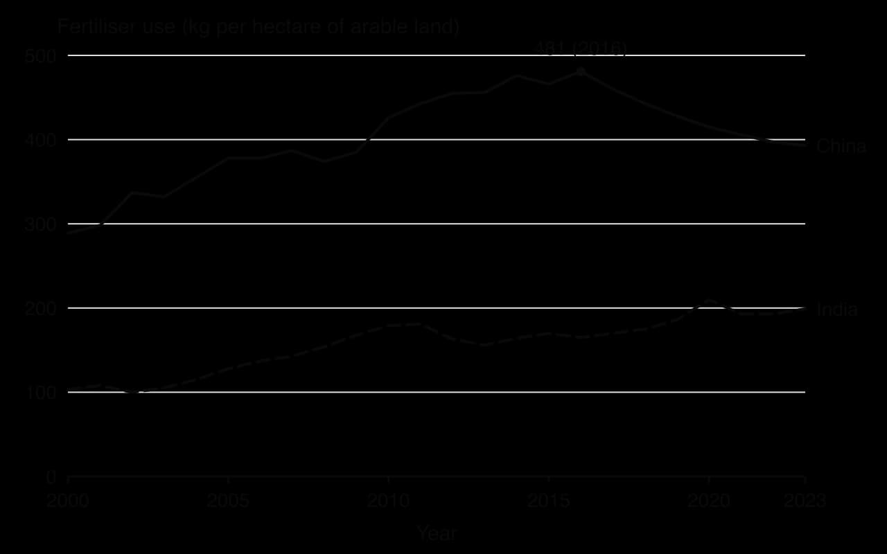 Line chart of fertiliser use in kg per hectare of arable land, 2000 to 2023: China rises from 289 to a peak of 481 in 2016 then falls to 393; India rises from 103 to 199.