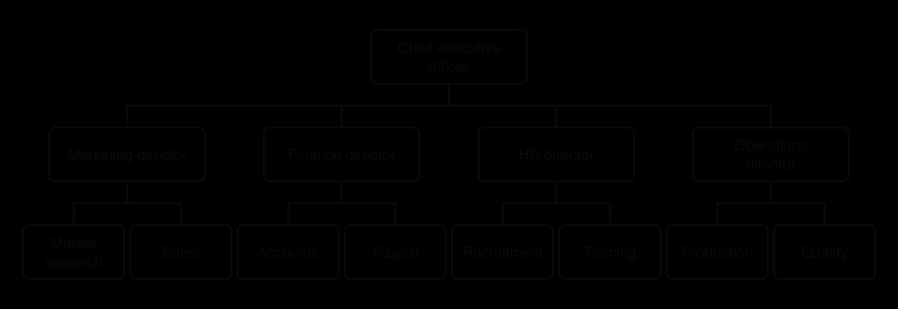 Organisation chart by function: a chief executive officer above marketing, finance, HR and operations directors, with market research and sales, accounts and payroll, recruitment and training, and production and quality beneath them.