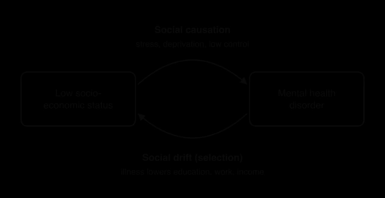 Two curved arrows between low socioeconomic status and mental health disorder: social causation (stress, deprivation and low control lead to disorder) and social drift (illness lowers education, work and income).