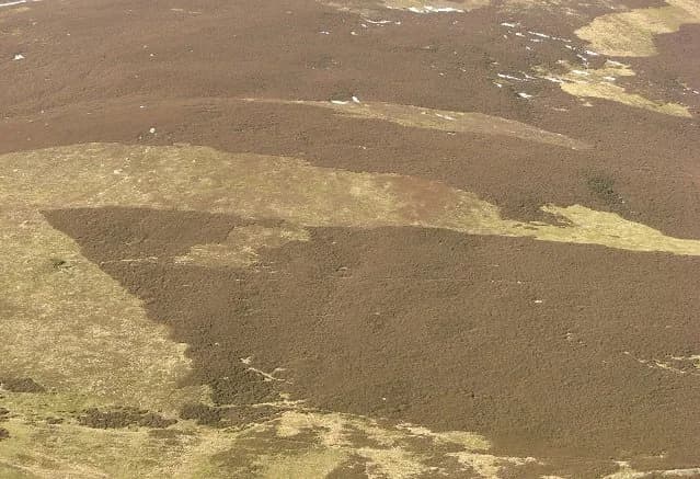 Aerial view of a heather moorland hillside with a patchwork of blocks in different shades, showing patches of heather burned in different years.