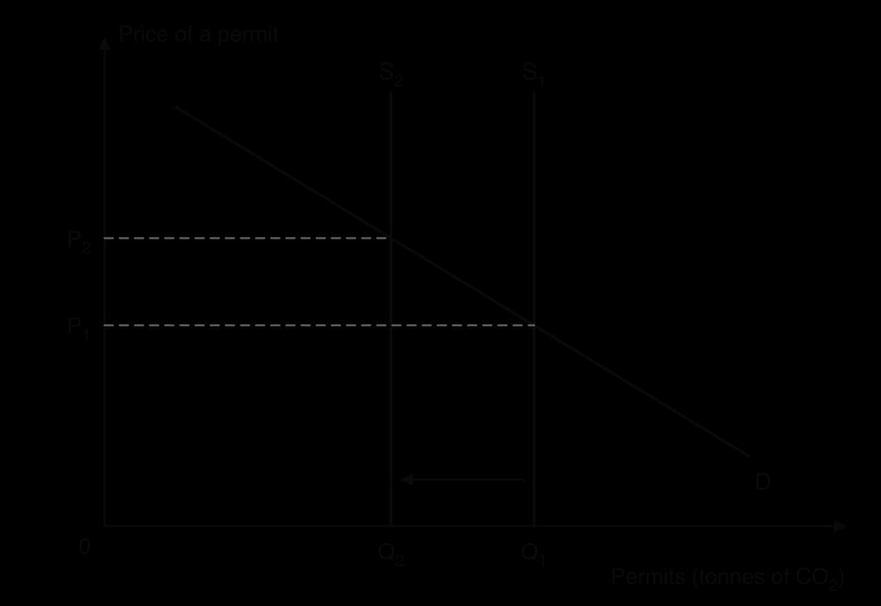 Diagram of the permit market: price of a permit against permits (tonnes of CO2). Demand D slopes down; supply is vertical at the cap, S1 at Q1. Cutting the cap to S2 at Q2 (arrow) raises the permit price from P1 to P2.