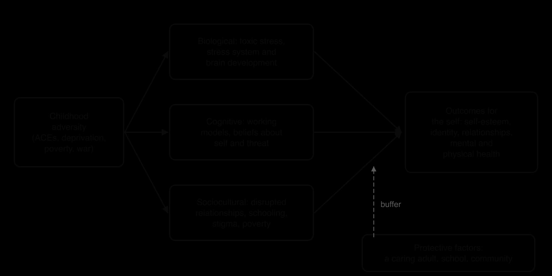 Flow diagram: childhood adversity leads through biological (toxic stress, brain development), cognitive (working models, beliefs) and sociocultural (relationships, schooling, stigma, poverty) pathways to outcomes for the self; protective factors buffer the pathways.