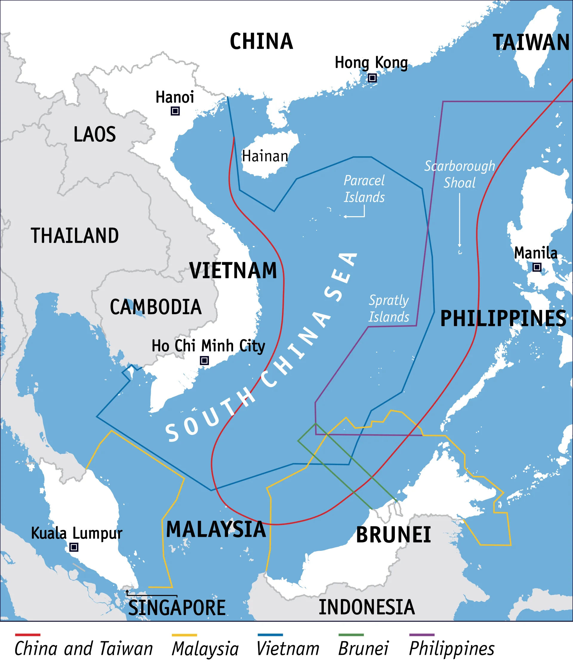 Map of the South China Sea showing overlapping maritime claims of China and Taiwan, Vietnam, the Philippines, Malaysia and Brunei, with the Paracel Islands, Spratly Islands and Scarborough Shoal labelled.